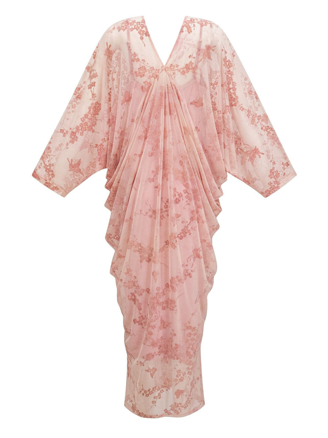 draped batwing sleeve midi dress with floral mesh overlay – MIST