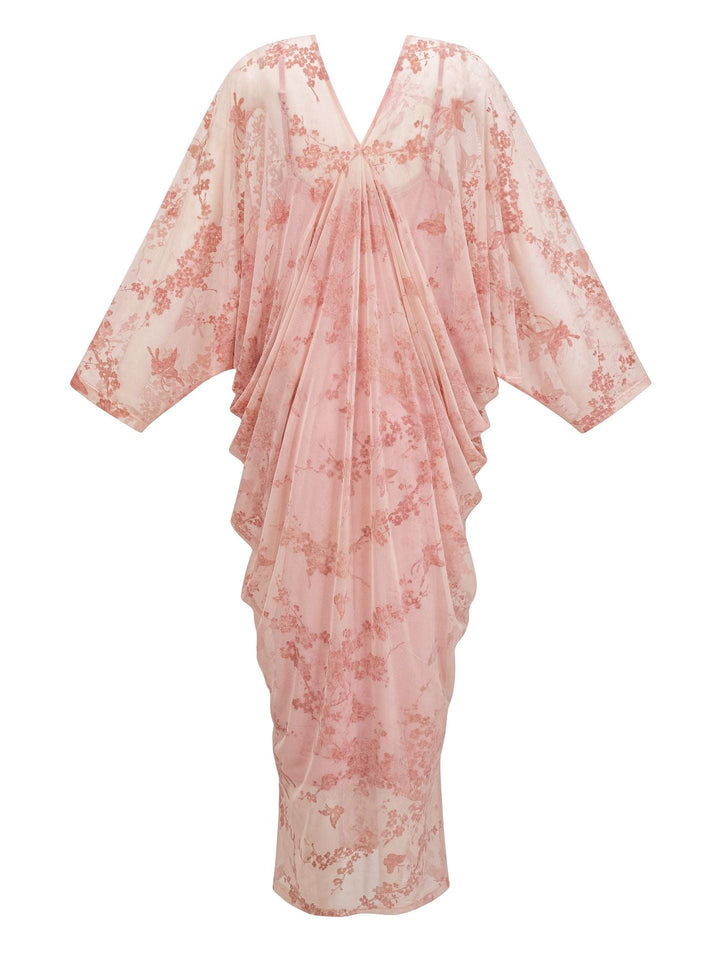 draped batwing sleeve midi dress with floral mesh overlay – MIST