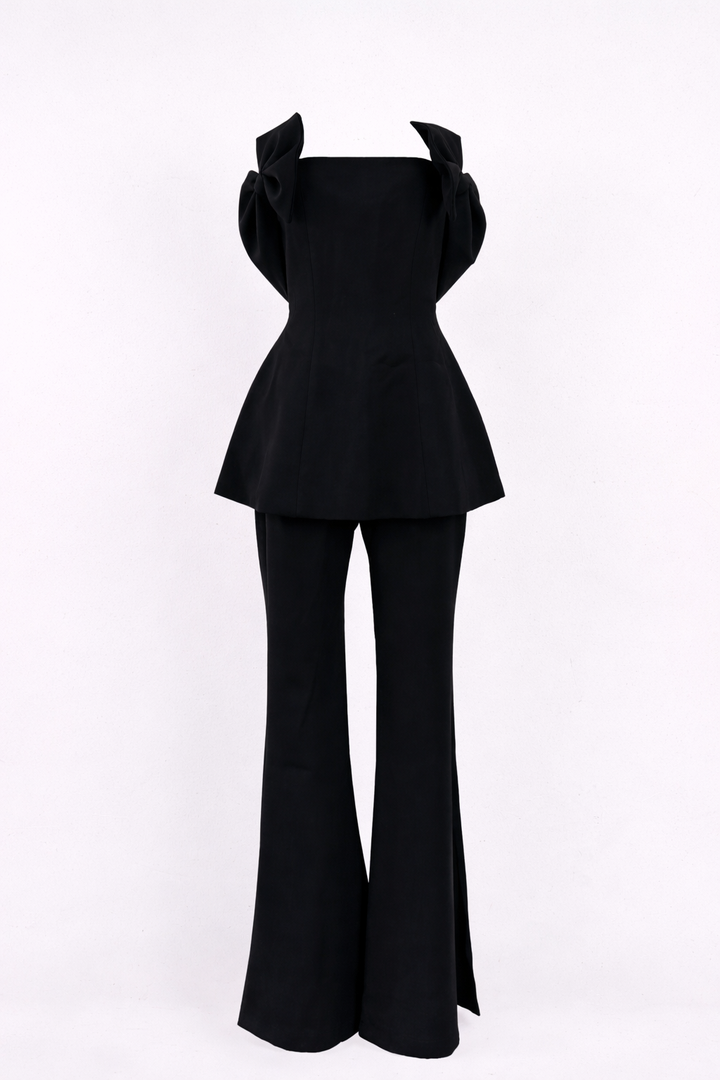 strapless peplum top with bow shoulder detail and flared pants set – NOIR