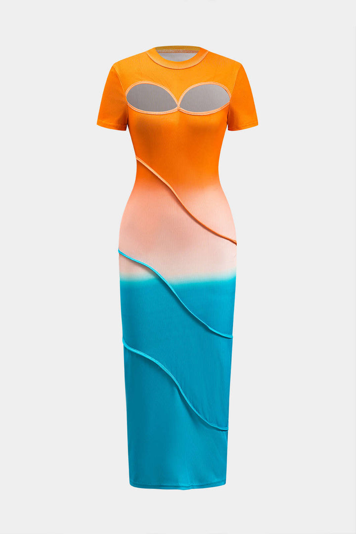 Ombre Print Round Neck Cut Out Short Sleeve Midi Dress
