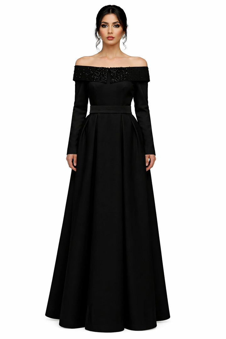 off-shoulder embellished gown with long sleeves – VESPERA-1