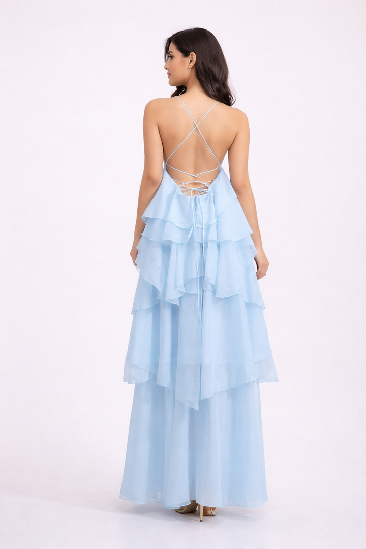 strapless tiered chiffon maxi dress with floral appliqué – CELESTE