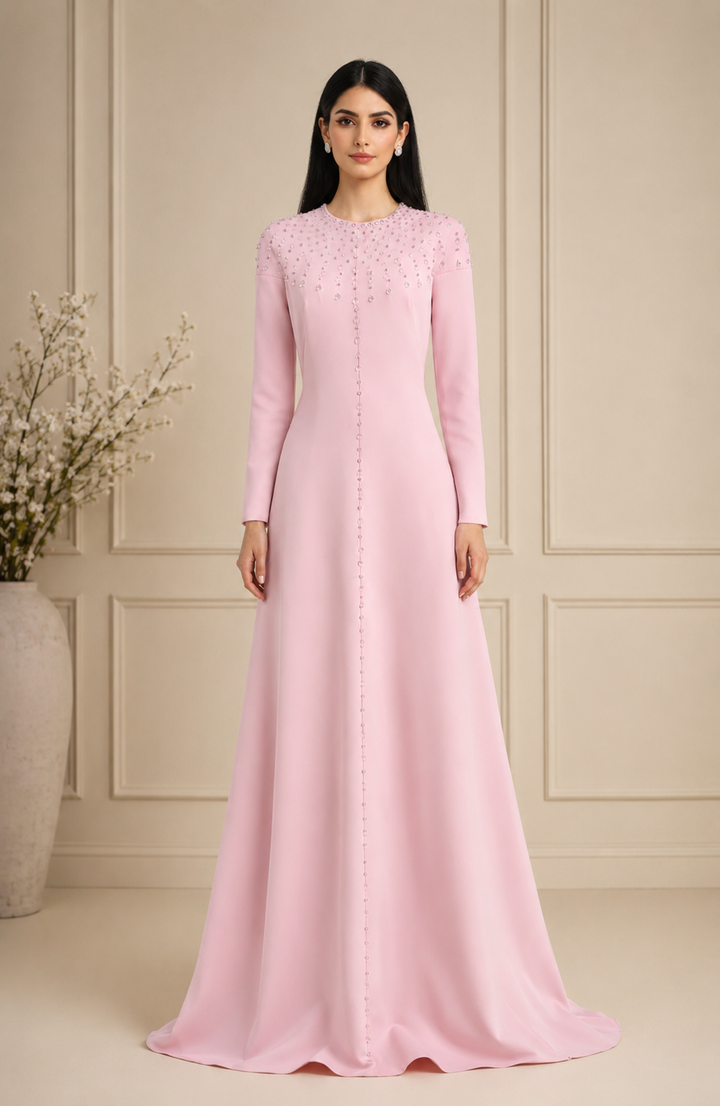 long sleeve embellished a-line gown with front detailing – BLUSH