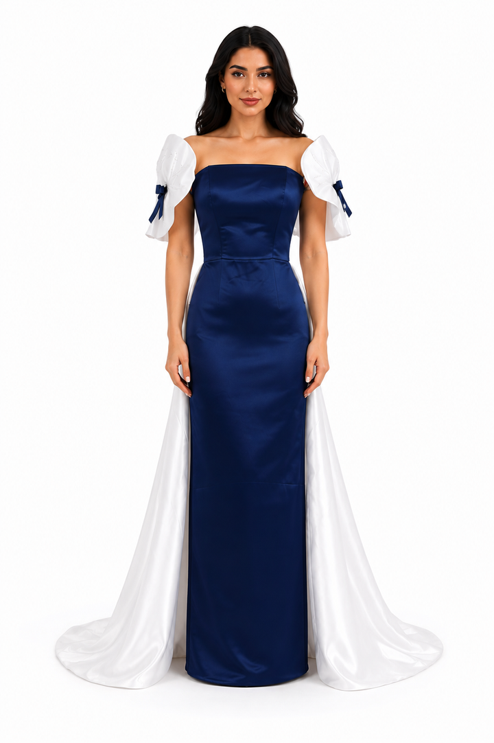 Strapless satin gown with voluminous sleeves and overskirt – ODD- AUROMA
