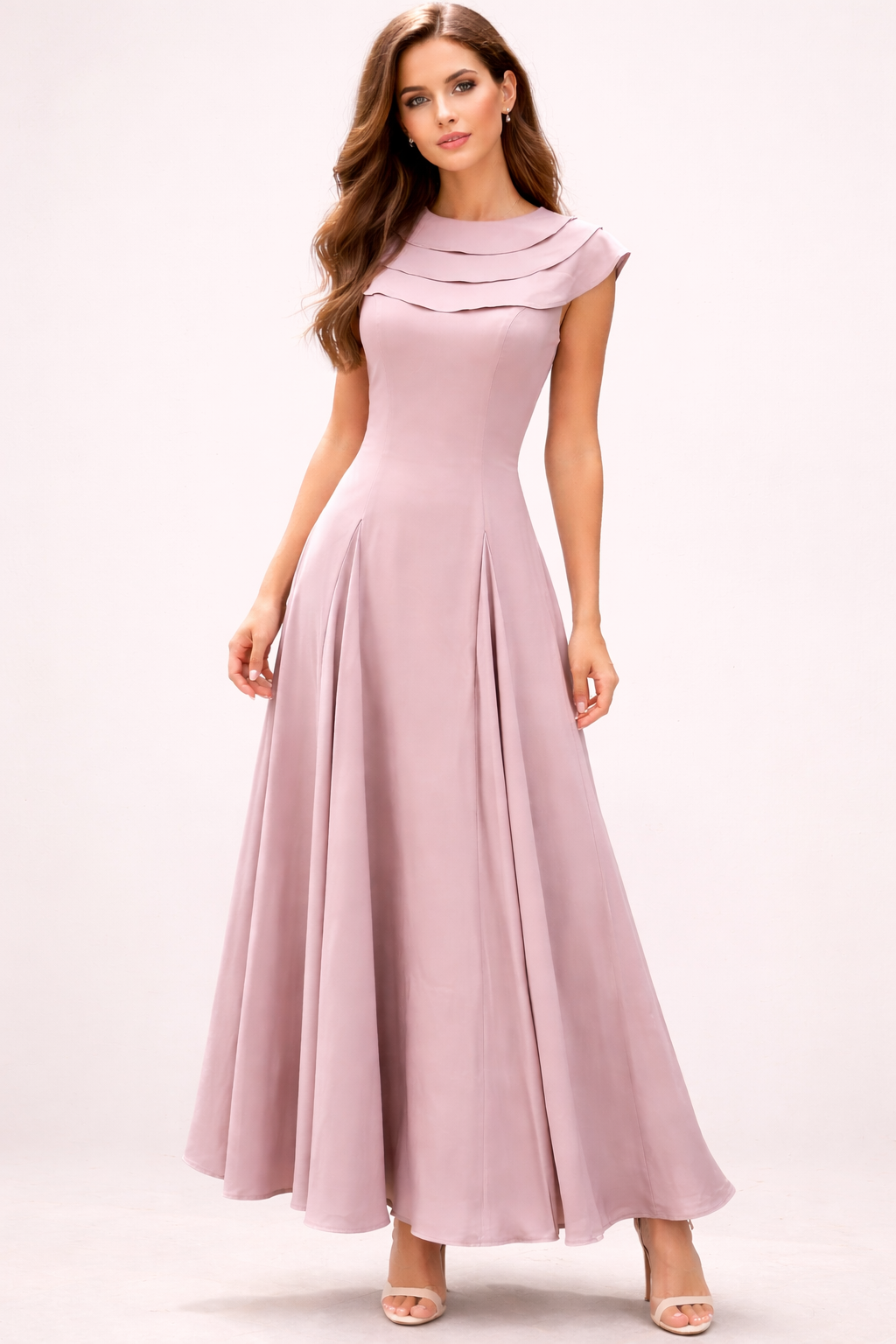 cap sleeve maxi dress with layered neckline and pleated skirt – BLUSH