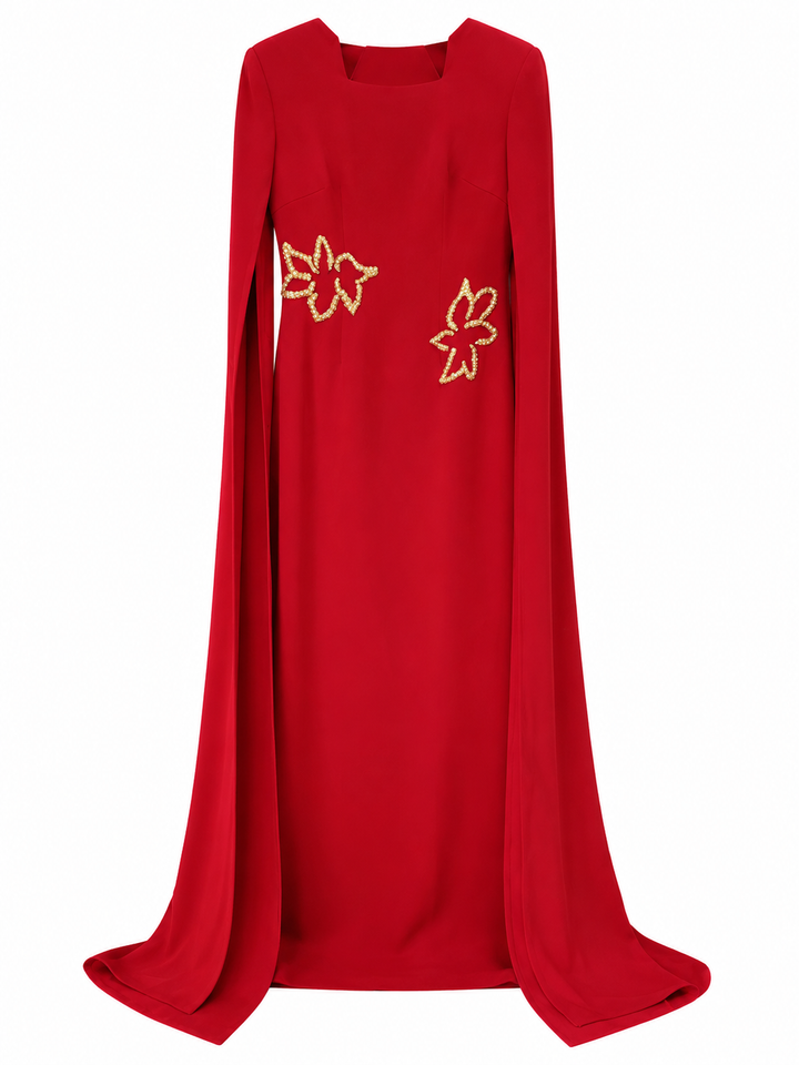 Red Embroidered Cape Sleeve Maxi Dress – AZURÉA