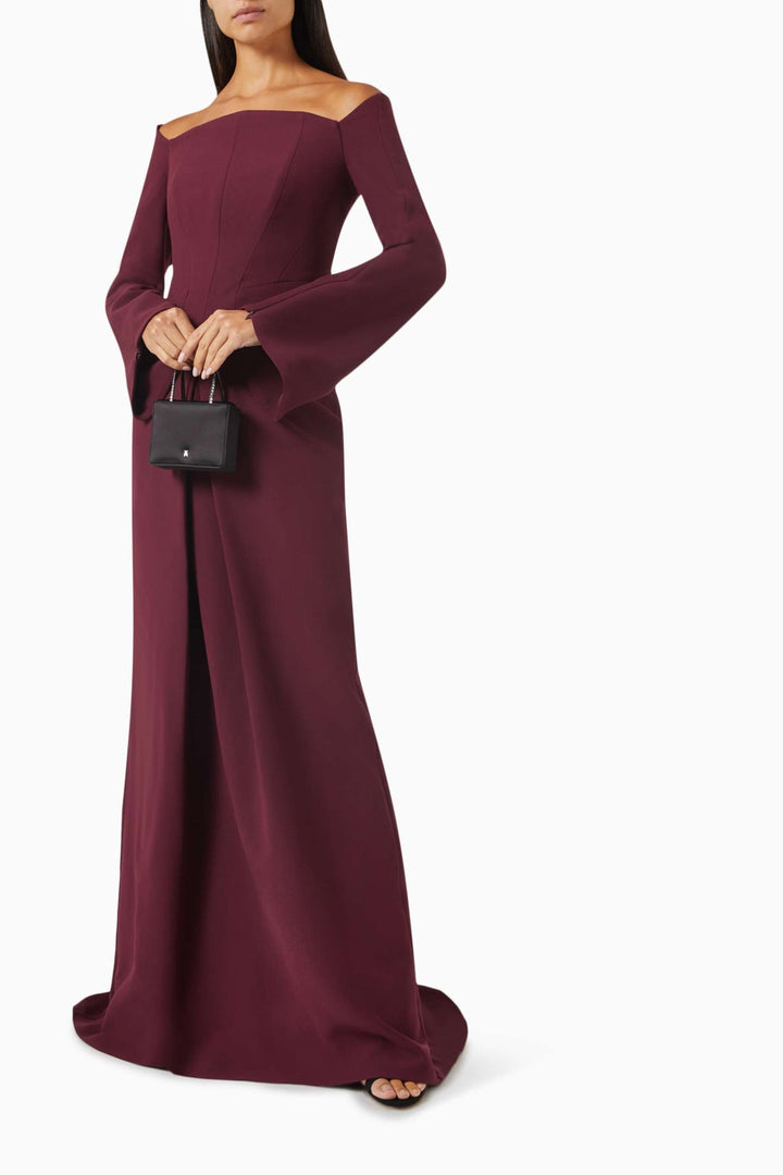 off-shoulder gown with flared sleeves – ODD- MERLOT