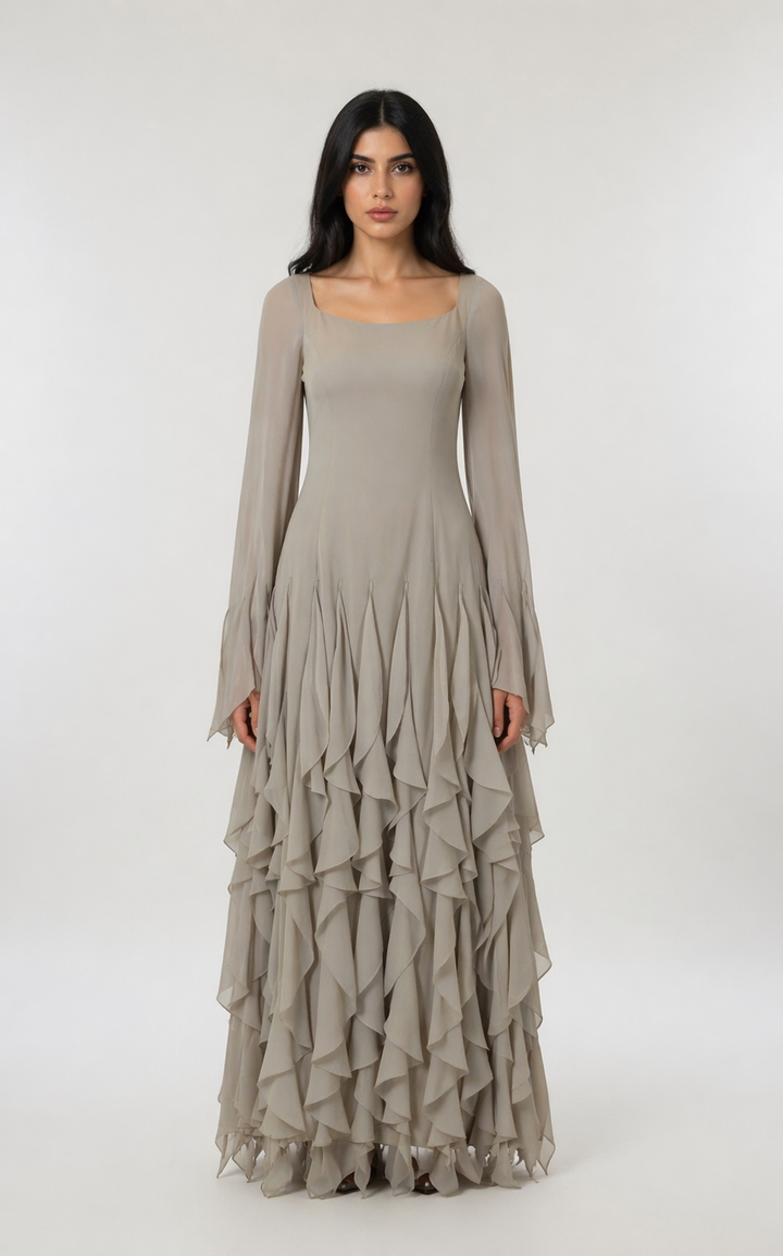 long sleeve ruffled chiffon maxi dress – SERENE