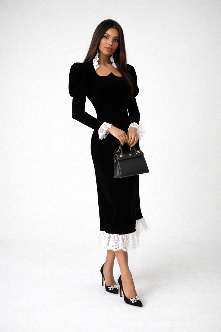 long sleeve midi dress with lace trim collar and cuffs – LACE