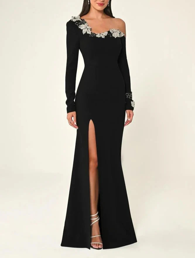 One-sleeve column dress with floral appliqué and front slit – NOIR BELLA - 1