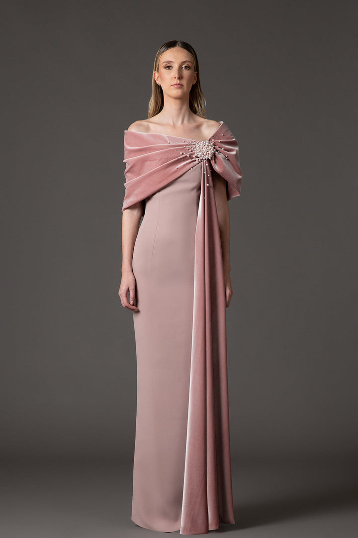 off-shoulder column gown with embellished velvet drape – ODD- ELYSIA