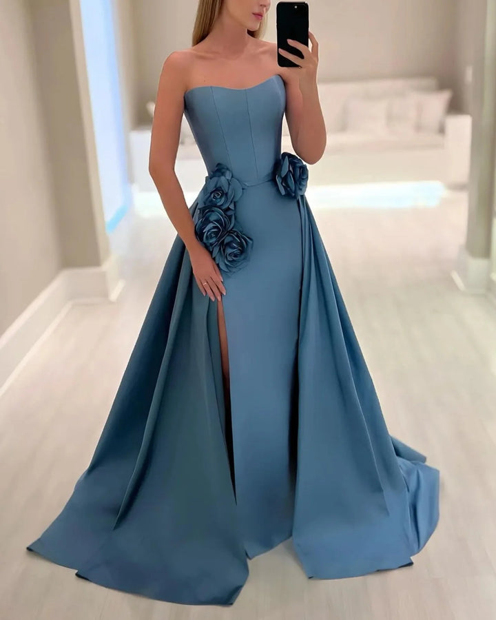 Strapless A-line gown with floral appliqué and front slit – AZURE-1