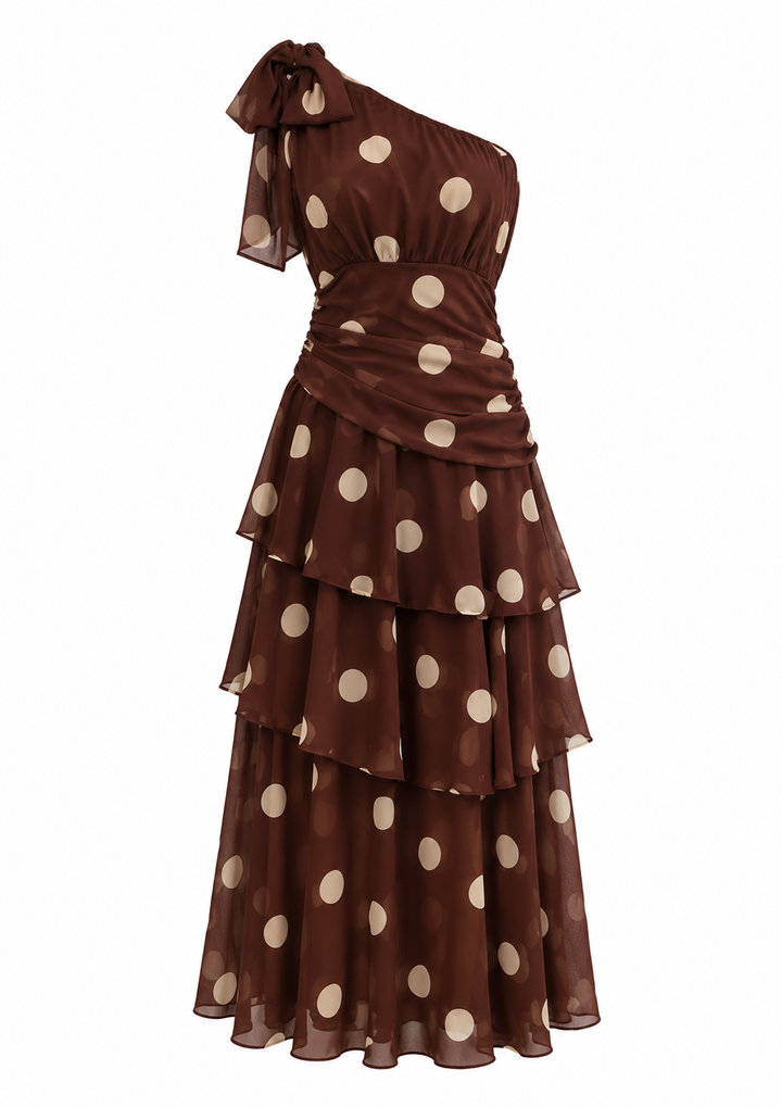 Polka Dot One-Shoulder Maxi Dress - Elegance
