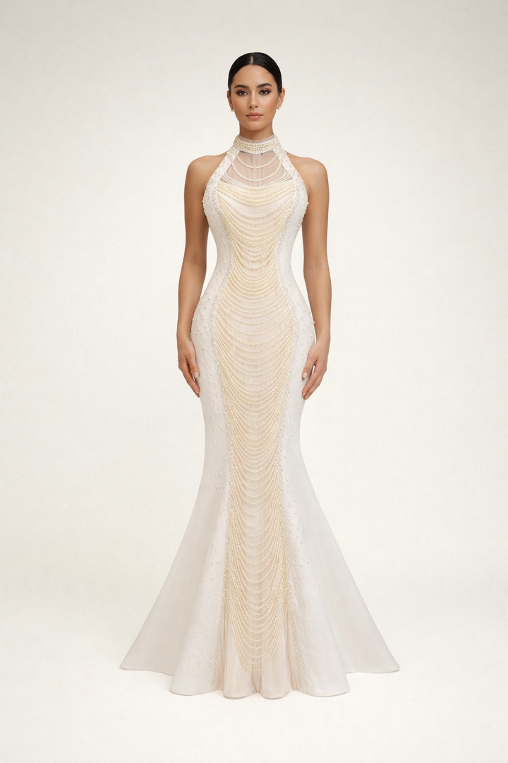 halter mermaid gown with draped beaded detailing – NOCTARA