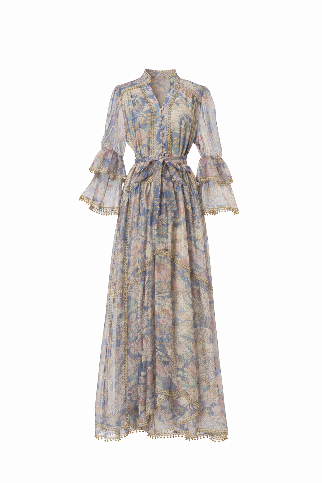 long sleeve vintage floral dress with lace panels and belted waist – AMELIA