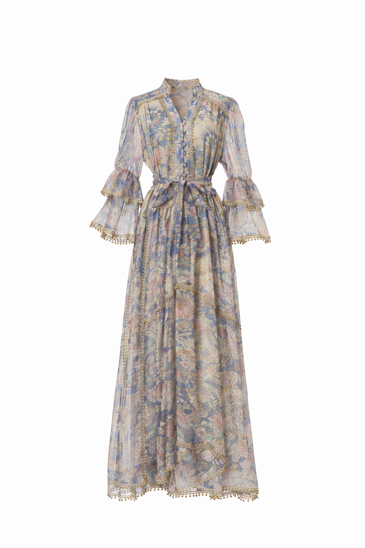long sleeve vintage floral dress with lace panels and belted waist – AMELIA