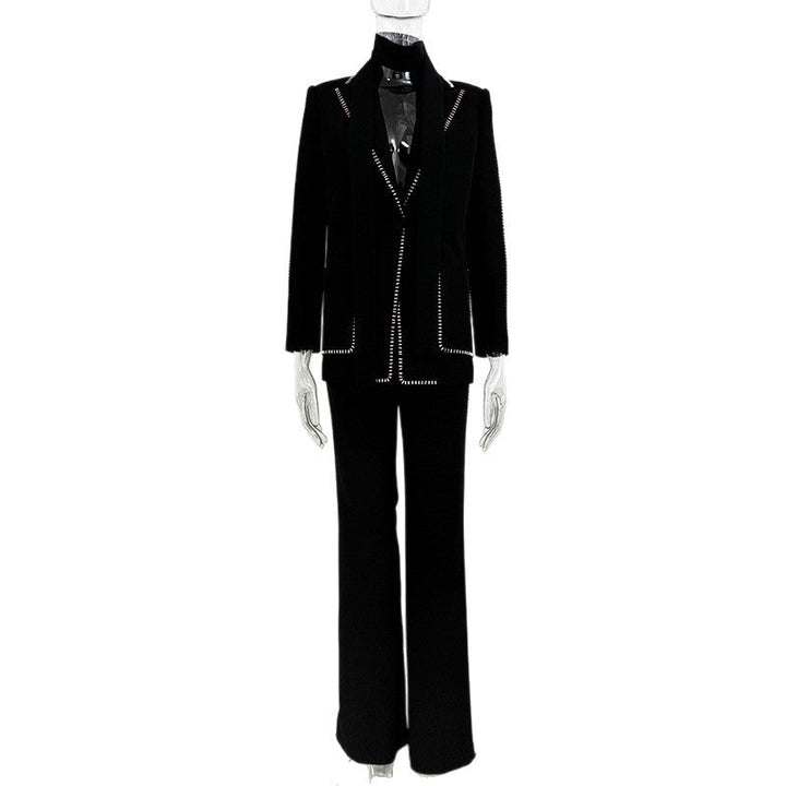 tailored blazer and flared pants set with stud trim detail – MIDNIGHT