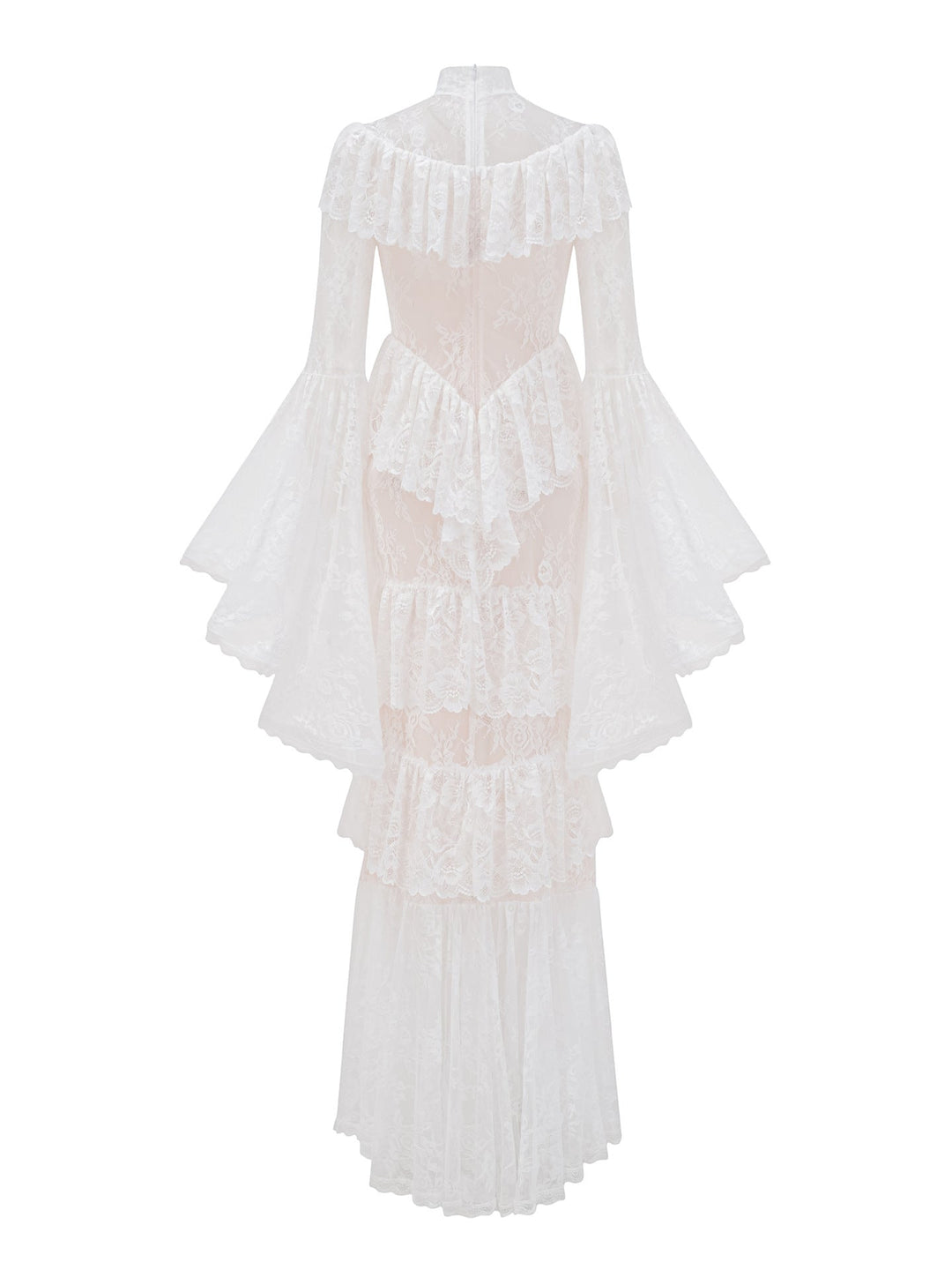 high neck lace ruffle dress with sheer panels – NOIR