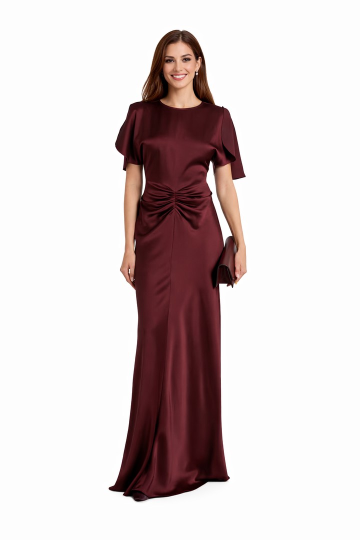 satin column gown with ruched waist detail – VELARIA