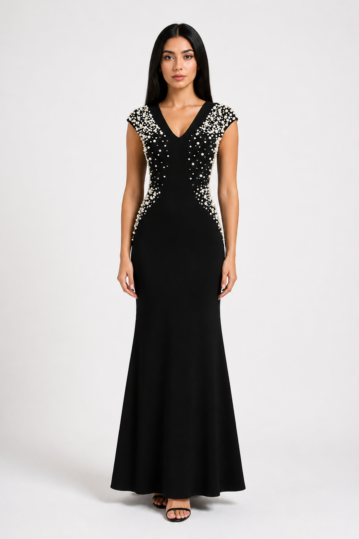 Black Pearl Embellished Mermaid Evening Dress – VELMIRA