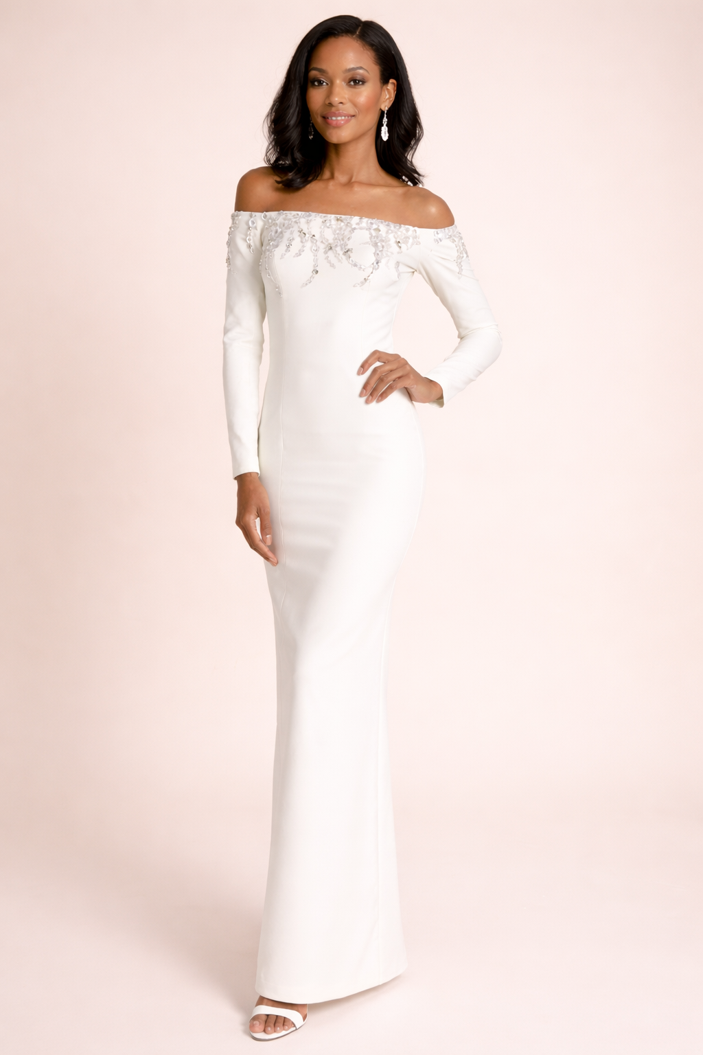 off-shoulder column gown with crystal embellished neckline – ALTHEA