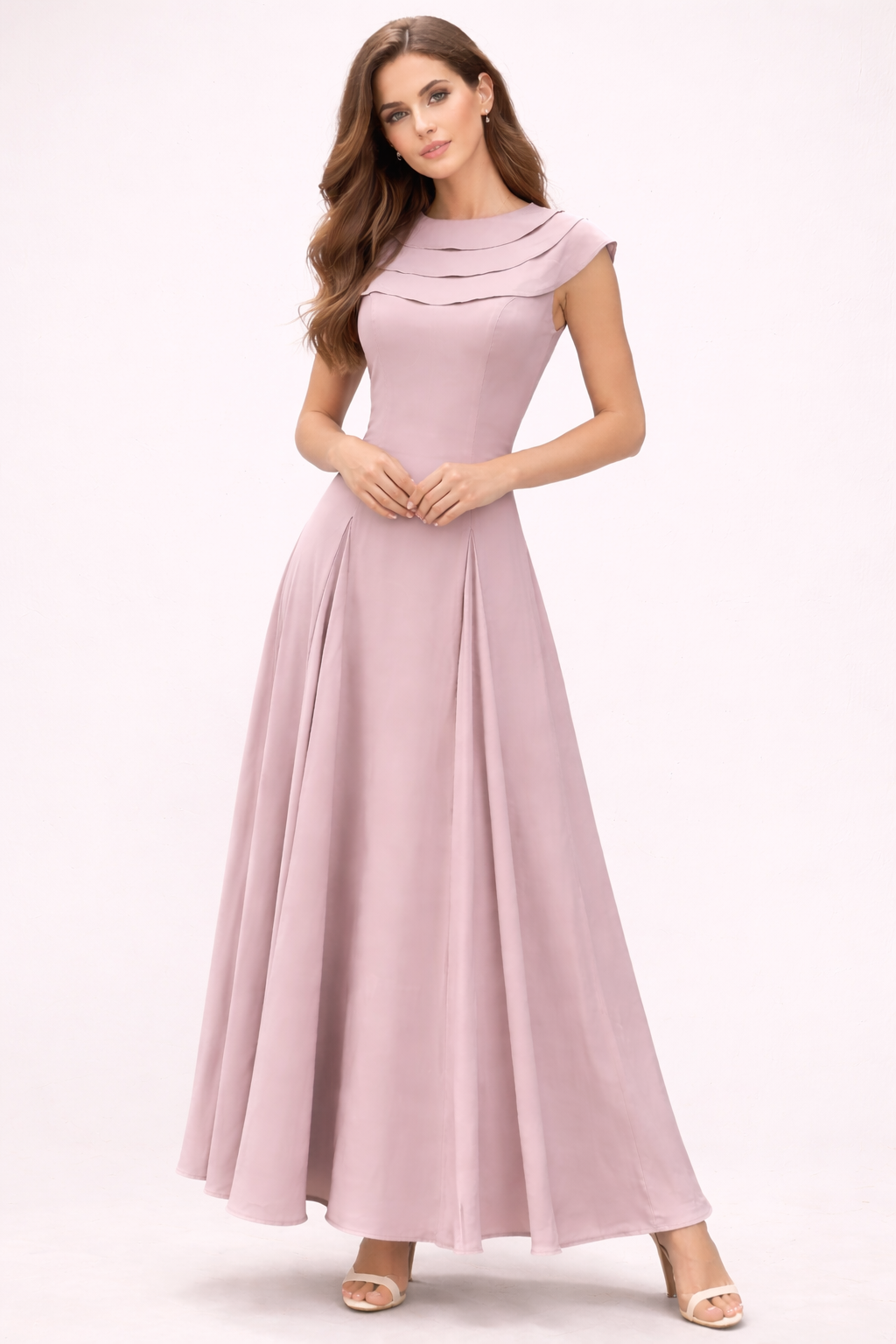 cap sleeve maxi dress with layered neckline and pleated skirt – BLUSH