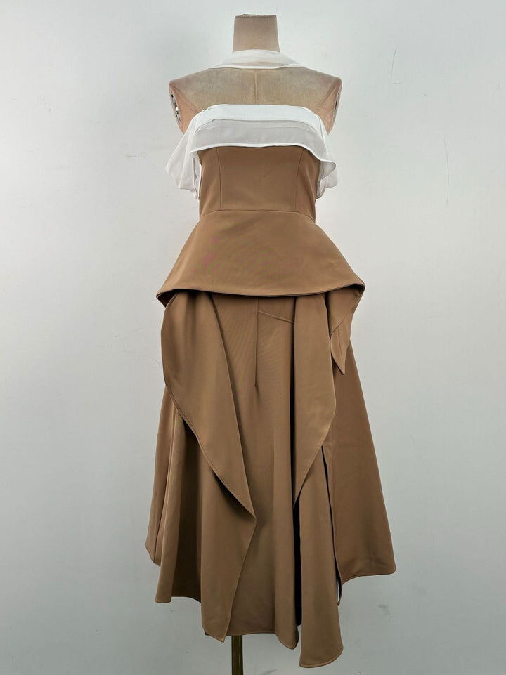 strapless draped midi dress with contrast chiffon neckline – DESERT