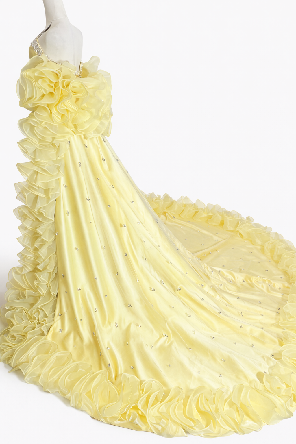 off-shoulder satin gown with ruffled cape train – AURÉLIE