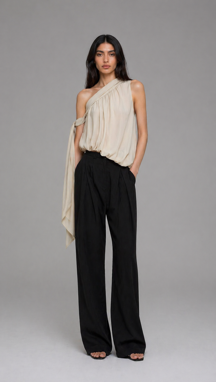 Beige One-Shoulder Draped Top – ÉLORA