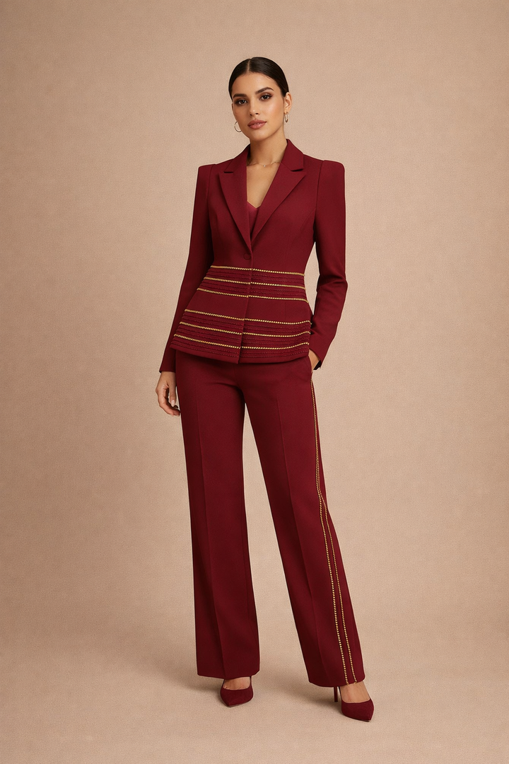 tailored blazer and straight-leg pants set with embellished waist – RUBELLA