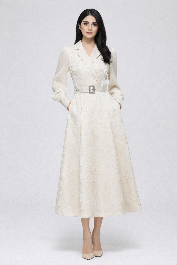 jacquard midi dress with wrap neckline and belt – GRACE