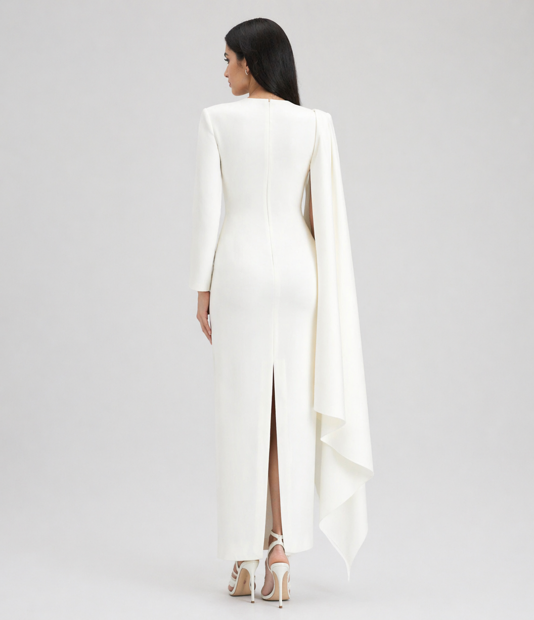 long sleeve column dress with cascading draped cape – IVORY