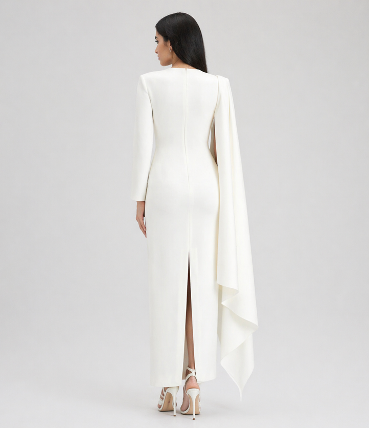 long sleeve column dress with cascading draped cape – IVORY