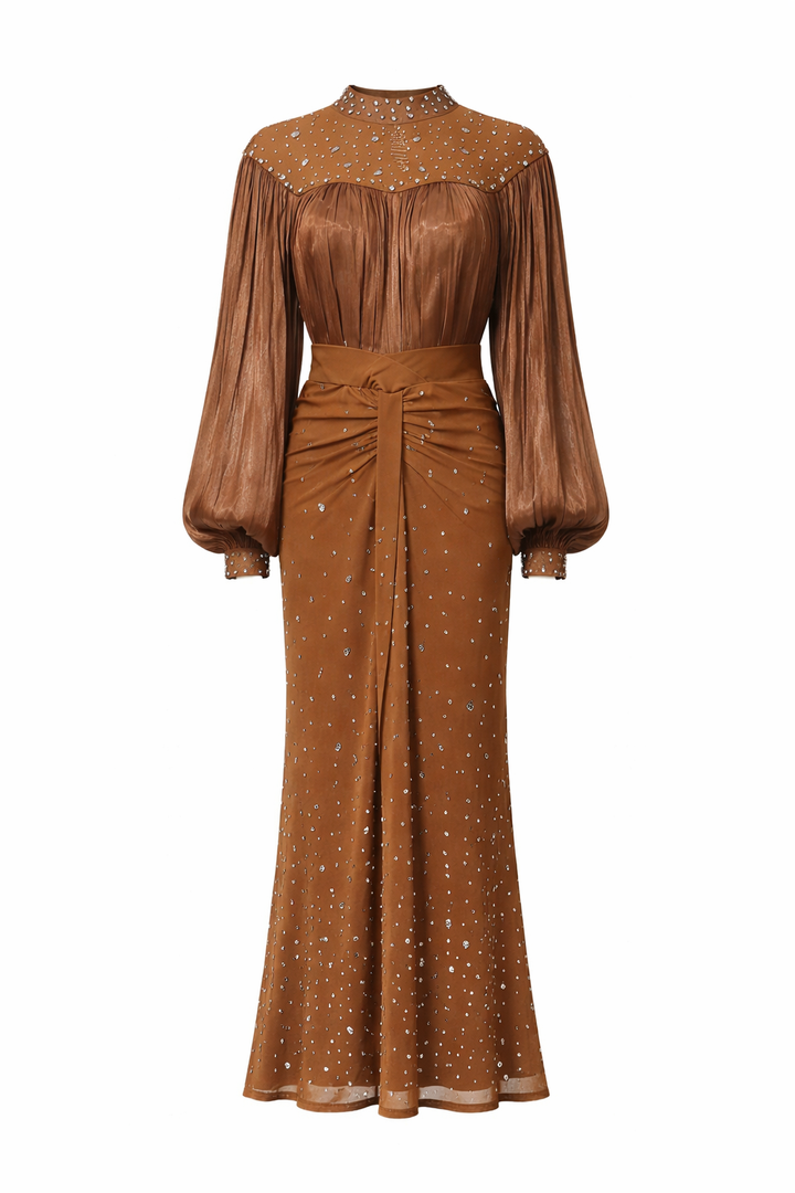 long sleeve midi dress with sheer embellished bodice and draped waist – SIENNA
