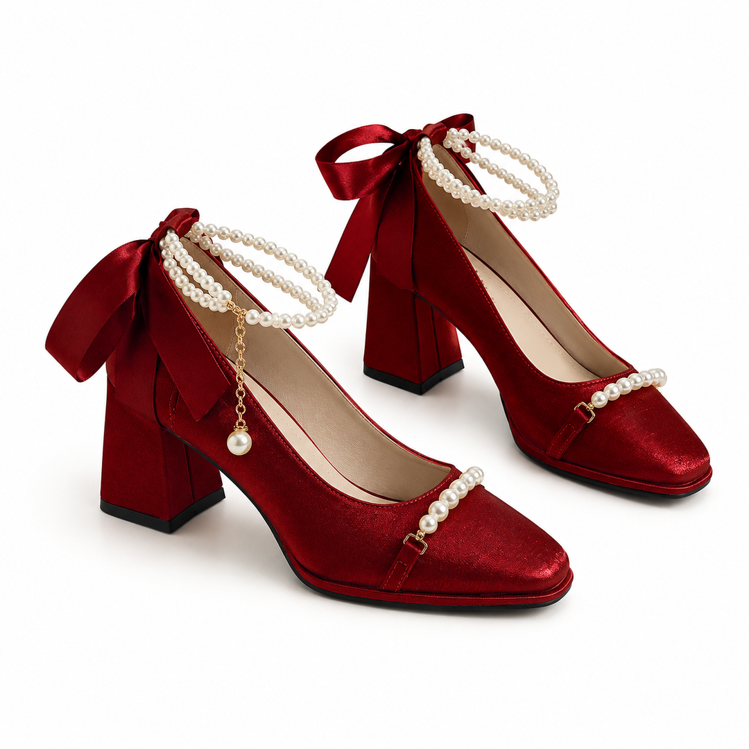 Ivory Pearl Bow Block Heel Pumps – CELÉNIA