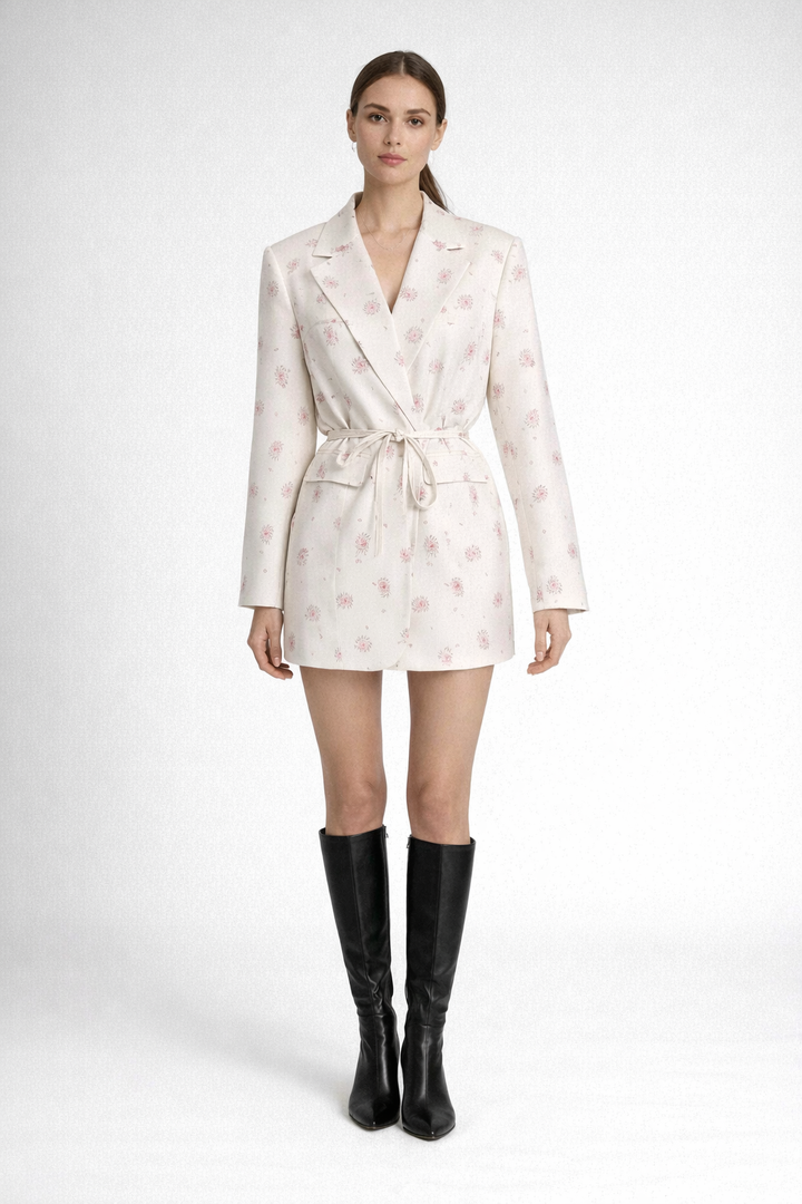 Floral Print Belted Blazer Mini Dress-SKLERO