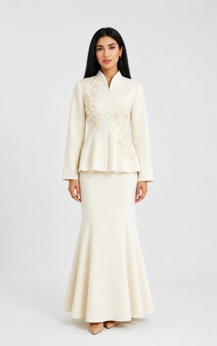 Elegant Embroidered Peplum Top & Mermaid Skirt Set - Champagne