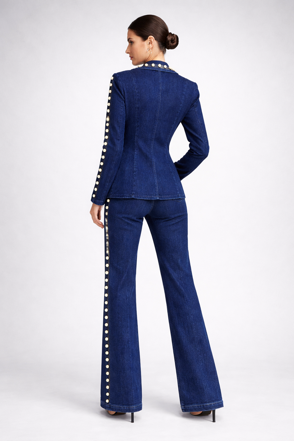 tailored denim blazer and wide-leg pants set with stud detailing – DENARA