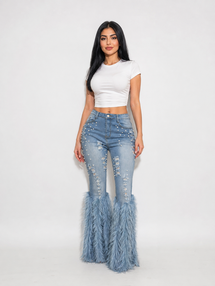 Pearl Distressed Feather Hem Jeans - Luxe