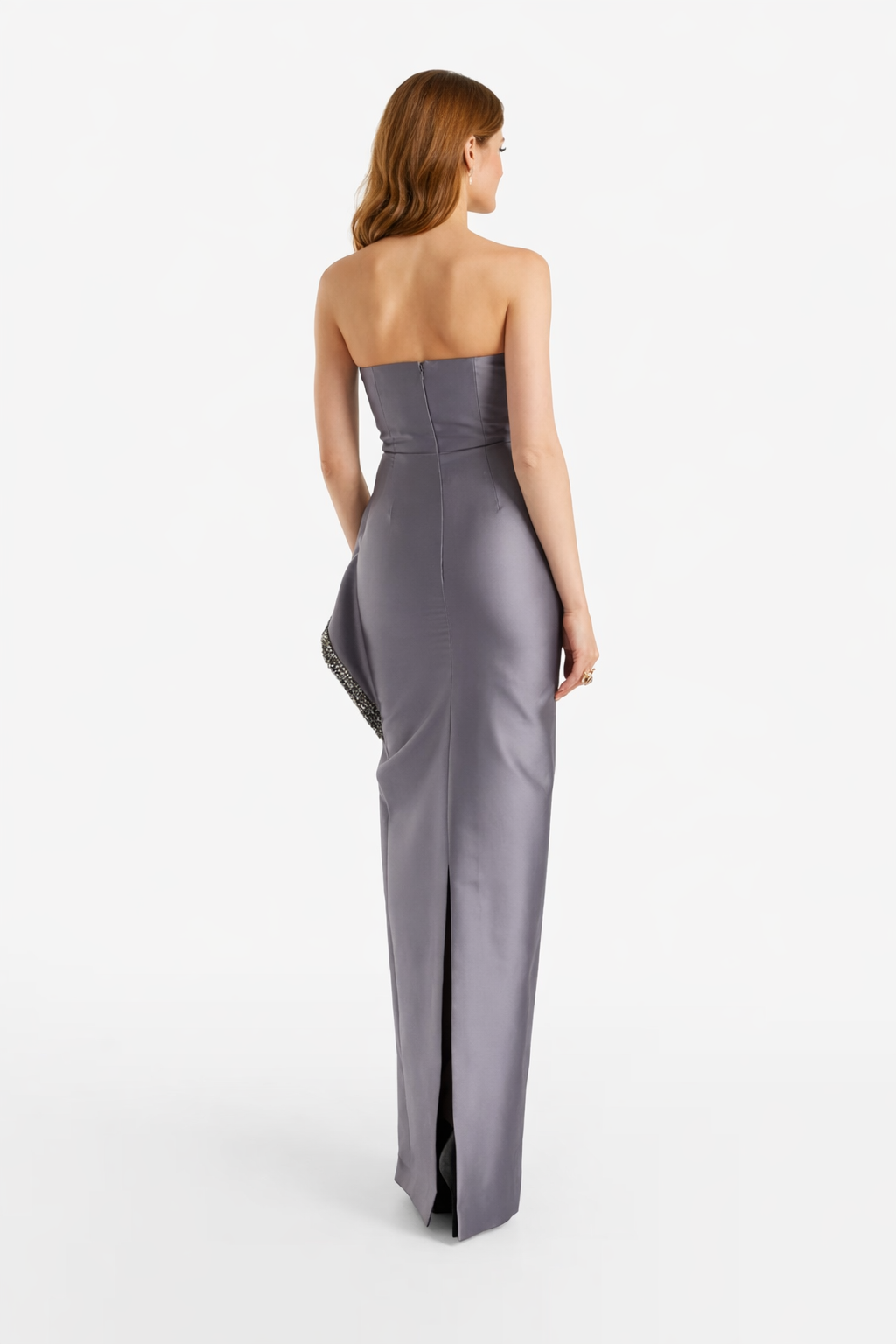 strapless column gown with asymmetric embellished peplum – SILVERRA