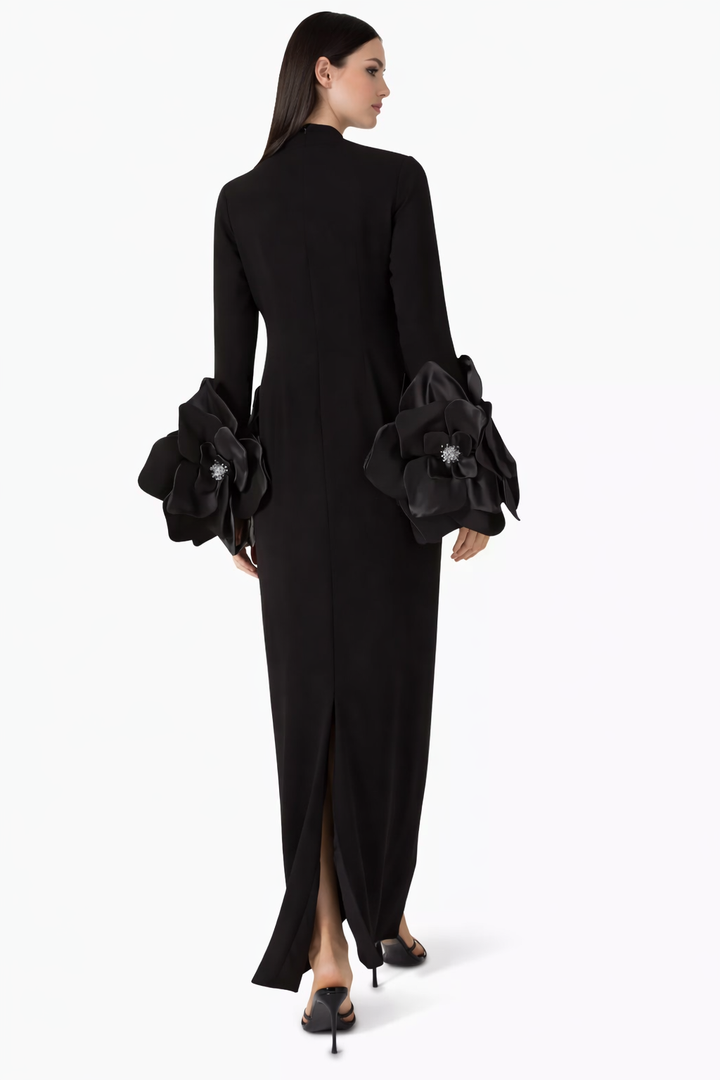 high-neck maxi dress with sculptural floral sleeves – AHMED