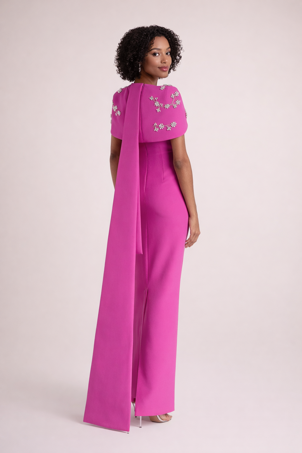 column gown with embellished cape neckline – FUCHSIA