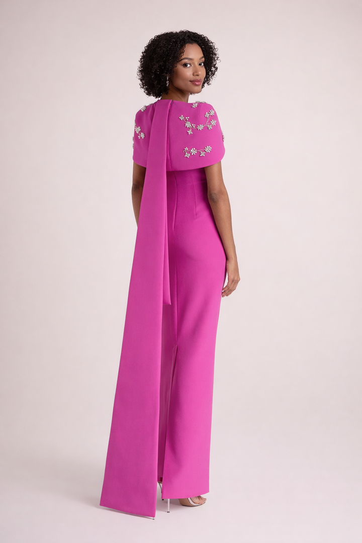 column gown with embellished cape neckline – FUCHSIA