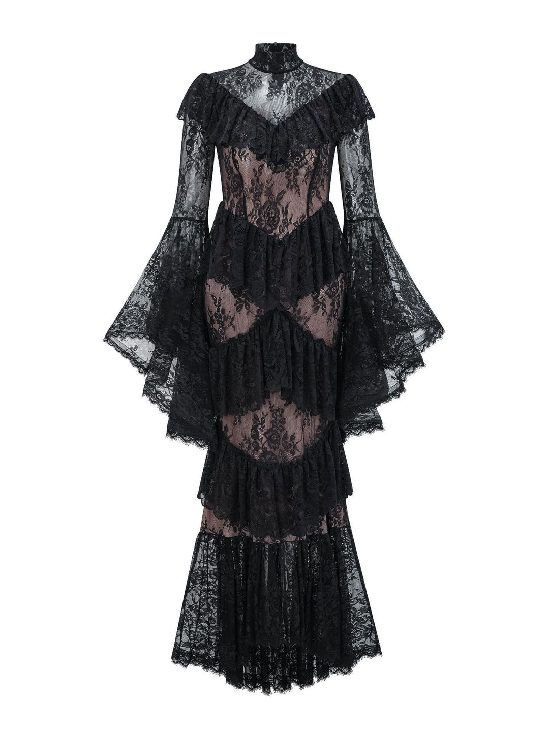 high neck lace ruffle dress with sheer panels – NOIR