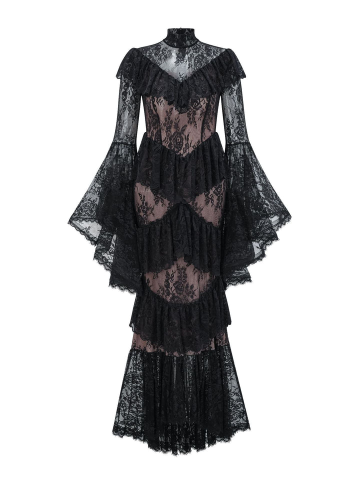 high neck lace ruffle dress with sheer panels – NOIR