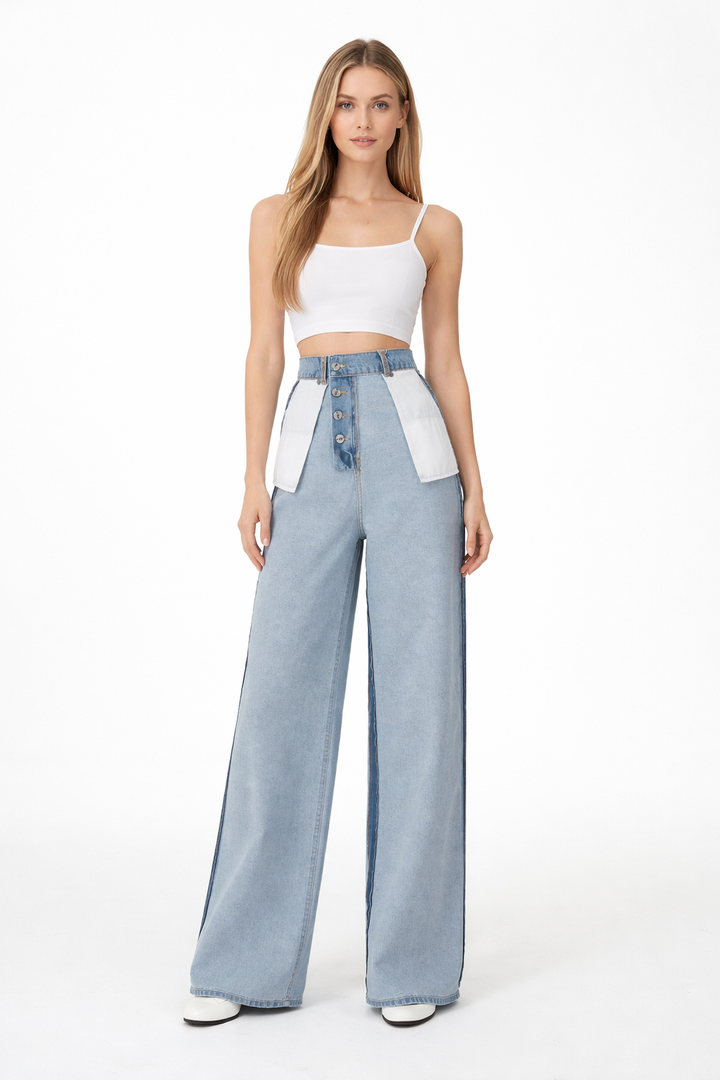 High Waist Patchwork Wide Leg Denim Pants-RIZARY
