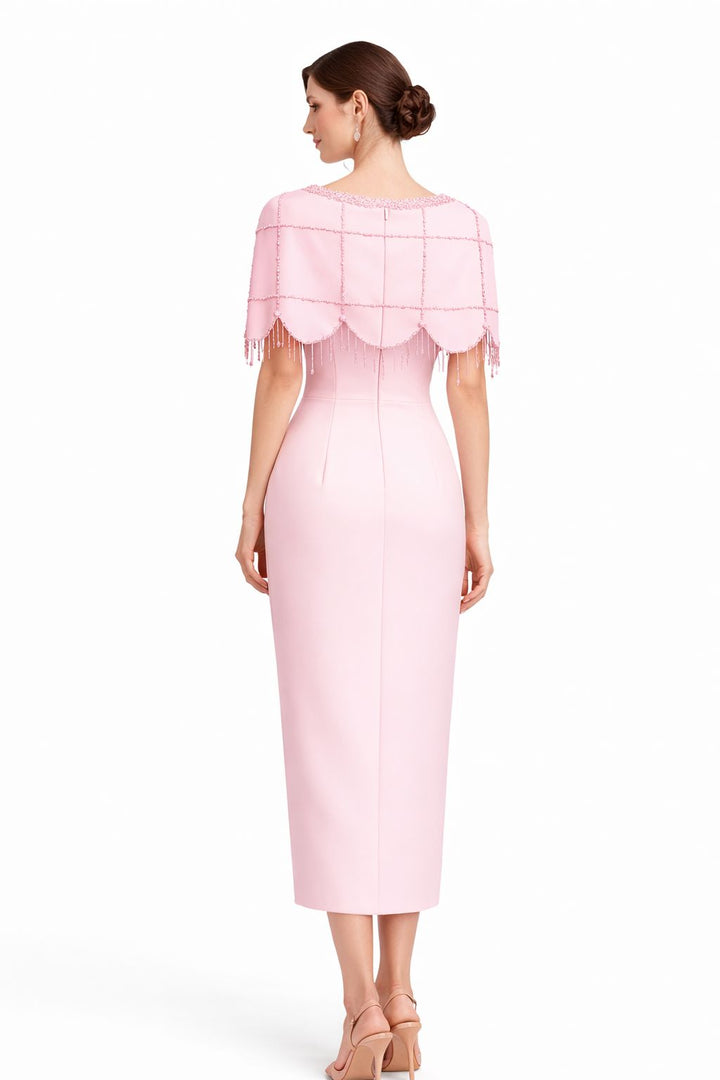 midi column dress with beaded cape overlay – ROSÉLLE