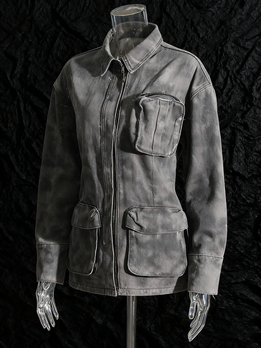 long sleeve zip-up utility jacket with oversized pocket detail – ASHER