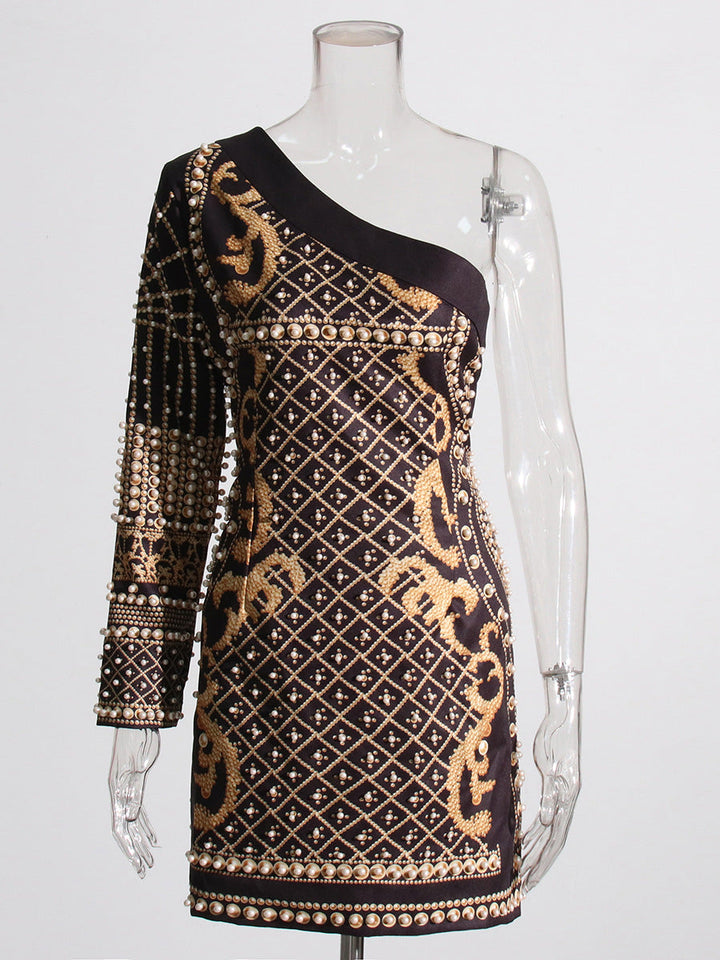 one-shoulder embellished mini dress with pearl and gold detailing – VERSA