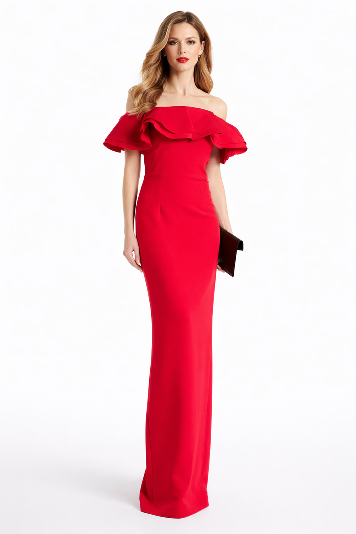 off-shoulder column gown with layered ruffle neckline – SCARLETA